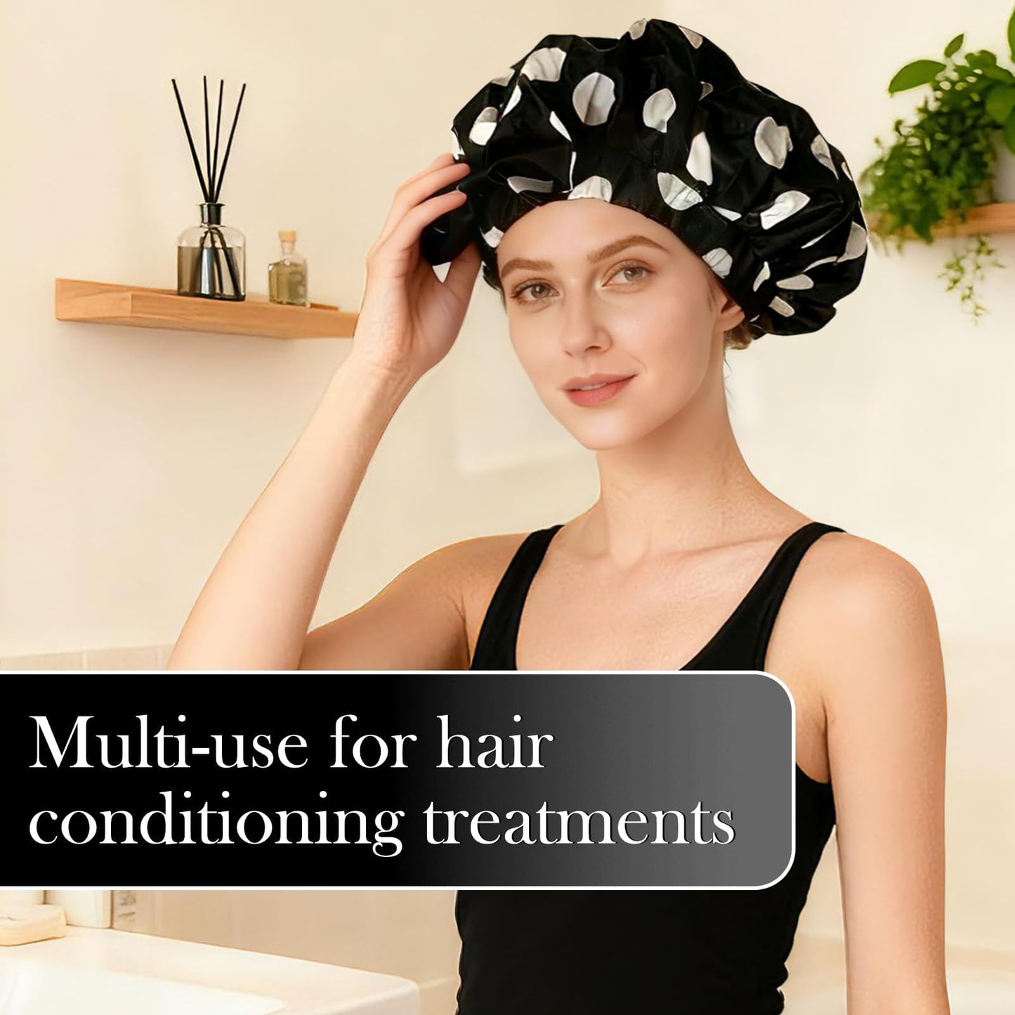 Fistmta Luxury Shower Caps for Women Reusable Waterproof, Large Double Layer Quick-dry Bathing Hair Cap with Adjustable Elastic Strap, Non-slip Shower Cap for Long Short Hair Black Polka Dots