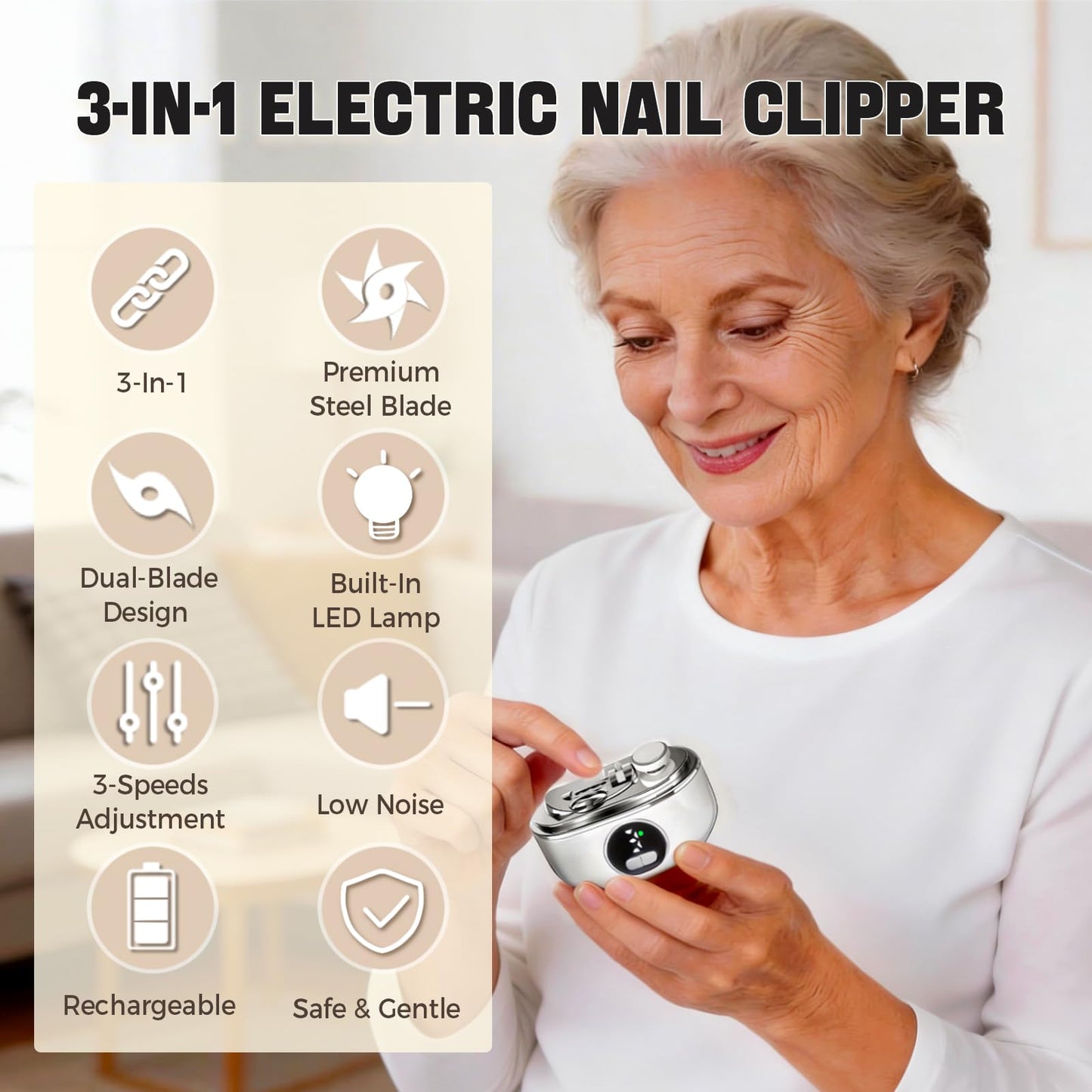 Sniqafo 3-in-1 Automatic Electric Nail Clipper, Dual-Blade Nail Trimmer with 3 Speeds LED Lamp & Storage Compartment, Rechargeable Safe Nail Care Tool for Seniors Adults Kids (White)