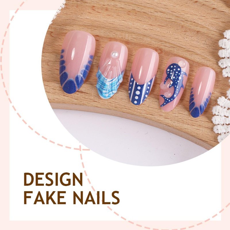 3D Ocean Shark Press on Nails, Blue French Tip Fake Nails with Polka Dot Designs, Almond Shape Glossy False Nails for Women, 30Pcs Artificial Stick on Nails for Daily Party Beach Vacation
