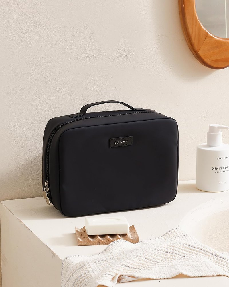 EACHY Travel Toiletry Bag with Hanging Hook, Portable Makeup Cosmetic Bags for Women, Water-Resistant Full-Size Travel Accessories (Black)