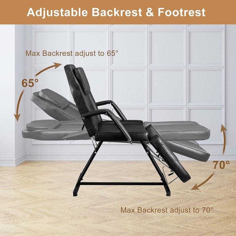 OmySalon Massage Salon Tattoo Chair Esthetician Bed with Hydraulic Stool,Multi-Purpose 3-Section Facial Bed Table, Adjustable Beauty Barber Spa Beauty Equipment, Black