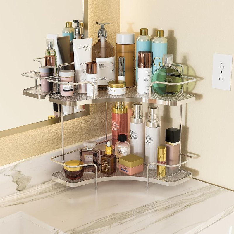 FOLLOWIN 2 Tier Bathroom Countertop Corner Organizer,Countertop Perfume Tray,Vanity Counter Shelf,Skincare Makeup Cosmetic Vanity Organizers,Silver