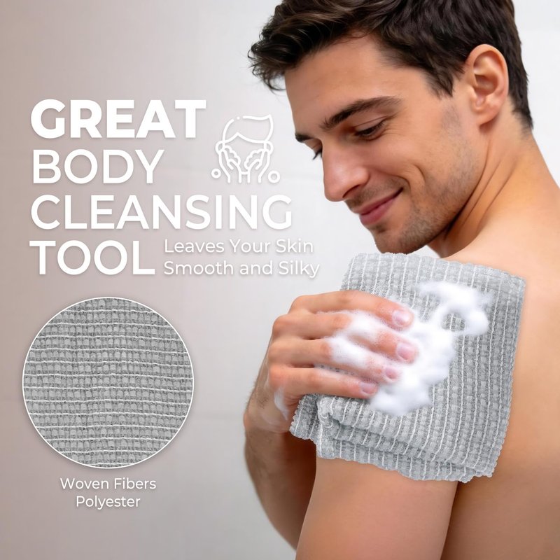 LEICHTEN Grey Intense Exfoliating Washcloth Body Scrubber, Quick Drying Japanese & Korean Exfoliating Cloth, Extra Long Back Exfoliator for Shower, Ideal for Men Women Daily Heavy Duty Deep Cleansing