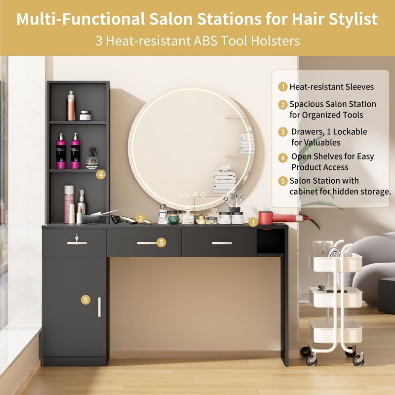 Barber Salon Station for Hair Stylist, Salon Wall Mount Station with Barber Cabinet and Barber Desk, Hair Salon Stations Equipment with Holders, Drawers, Beauty Station Without Mirror