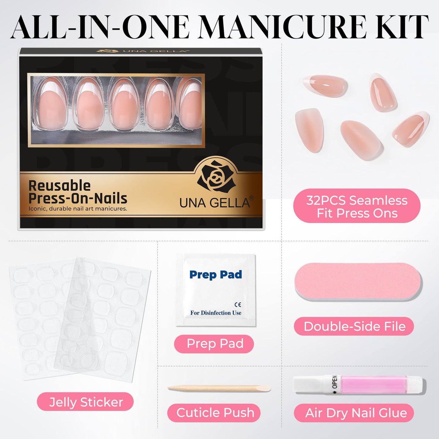 UNA GELLA Hot Pink Press on Nails Almond, Cat Eye Soft Gel Fake Nails for Women, 32 Pcs 16 Sizes Reusable Glue on Nails Kit, False Nails with Nail Glue and Adhesive Tabs