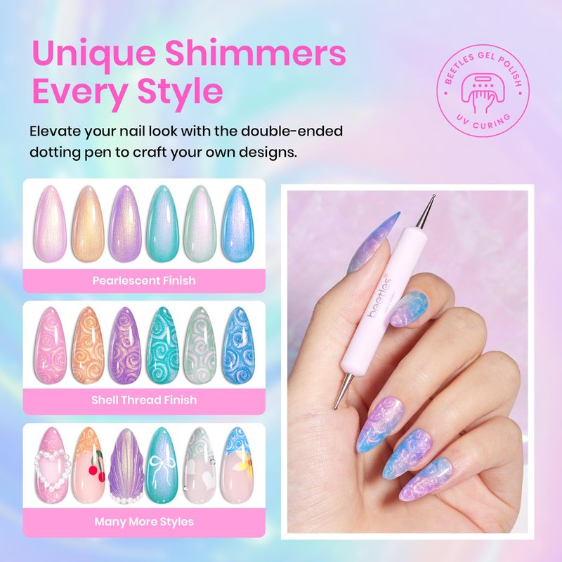 Beetles Pearl Gel Polish, 6 Colors Shimmer Glitter Nail Polish Pink Purple Orange Mermaid Nail Drawing Nail Gel Dreamy Carousel Soak Off Uv Swirl Shell Thread Effect DIY Manicure Gift for Women