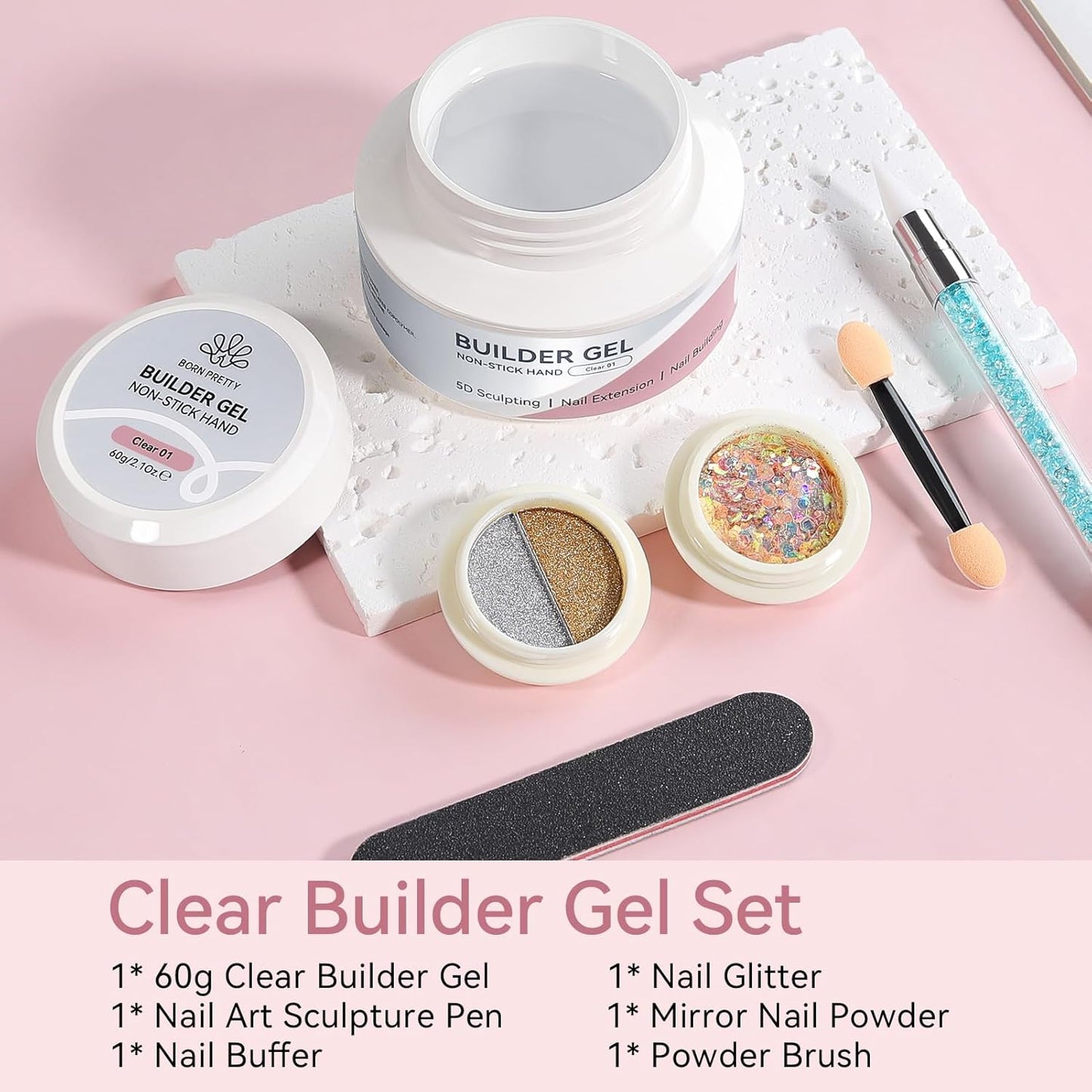 Solid Hard Builder Gel for Nails - 60g Professional 3D Sculpting & Extension Gel with Sequins & Chrome Powder | Non-Sticky Soak Off Formula