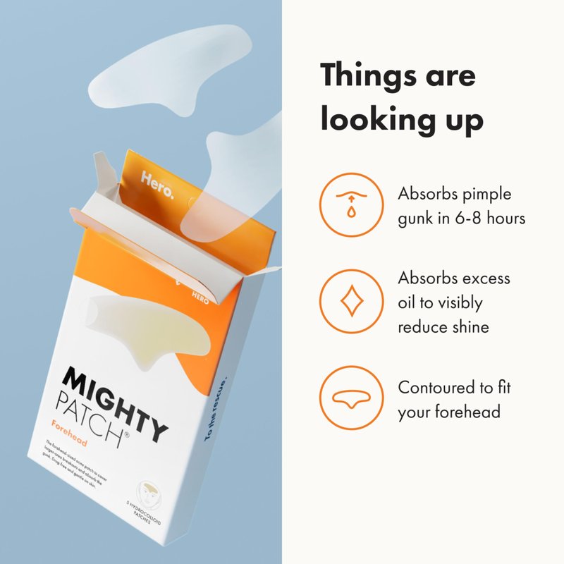 Hero Cosmetics Mighty Patch™ Forehead Patch - Hydrocolloid Acne Pimple Patch, Contoured to Cover Larger Area of Zits and Blemishes - Drug-Free and Suitable for Sensitive Skin (5 Count)