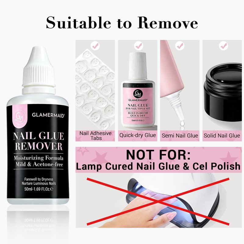 GLAMERMAID 50 ml Pinpoint Nail Glue Remover for Press on Nails Non-Acetone with 3 Orangewood Sticks, Multifunctional Gentle Glue Remover for Nails Tips Acrylic Nails Fake Nails