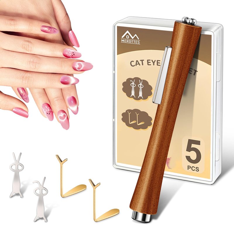 3 IN 1 Cat Eye Magnet for Nails, Wooden Magnetic Pen with Heart & Rabbit Shaped Stick for Nail Art, Professional Home DIY Cateye Gel Polish Magnets Tools (5PCS)