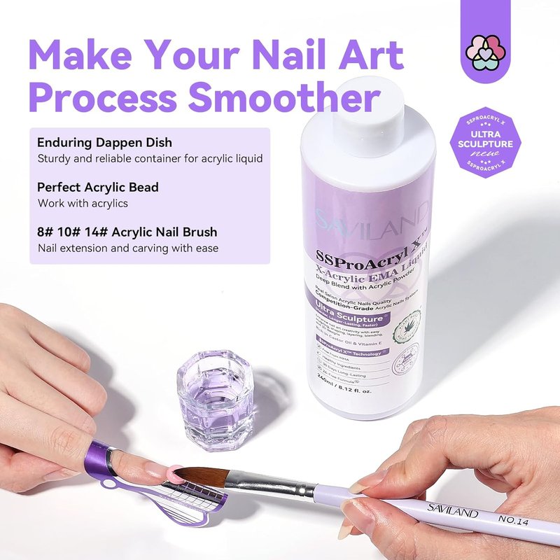 SAVILAND EMA Monomer Acrylic Nail Liquid - 8 oz for Nail Extensions | Includes 3 Brushes & Dappen Dish