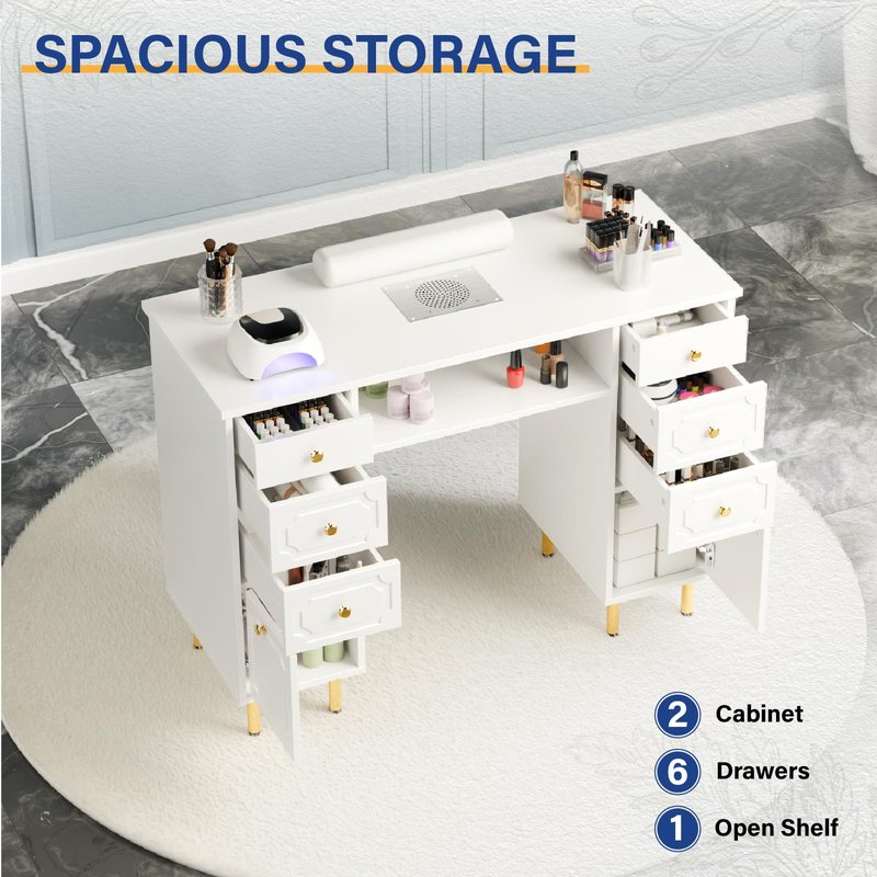 OmySalon White & Gold Accent Nail Desk for Nail Tech, Manicure Table with Electric Dust Collector, Storage Drawers & Wrist Cushion, Acetone Resistant for Salon and Home Nail Station