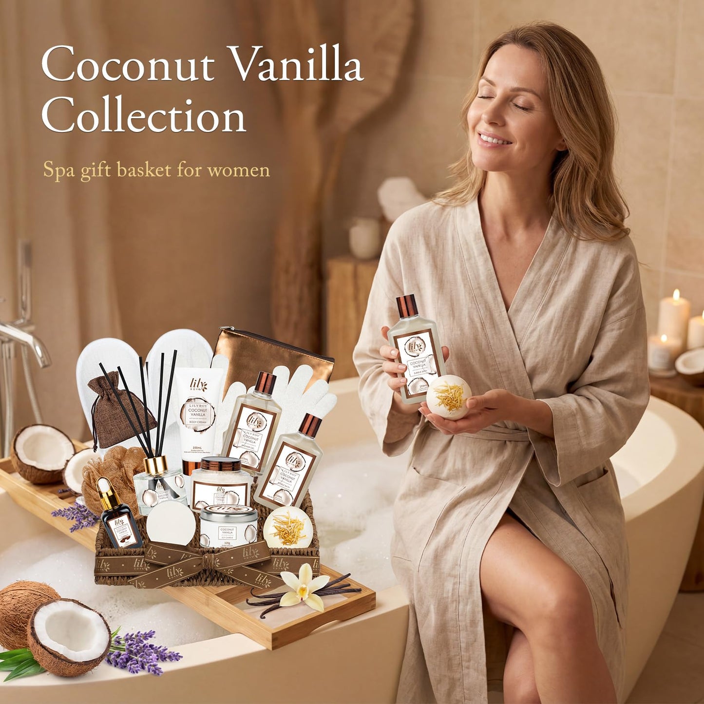 Coconut Vanilla Spa Gift Basket for Women & Men – 17-Piece Relaxing Bath & Body Set with Shower Gel & Reusable Basket, Premium Self-Care Gift for Mom, Birthday, Mother's Day, Father's Day, Christmas