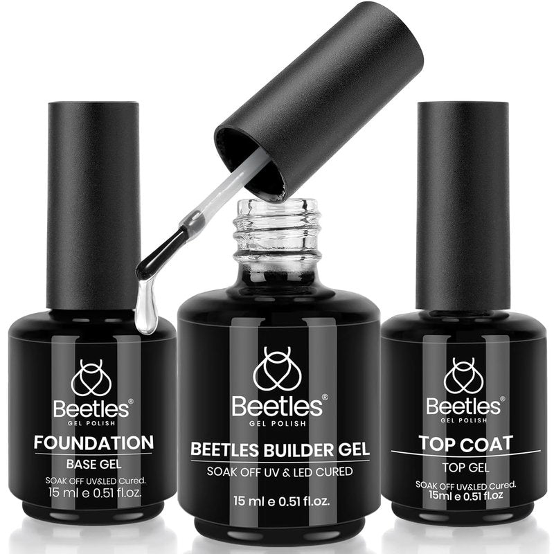 Beetles Builder Nail Gel Set - 3Pcs 15ml No Wipe Top Coat & Base Coat for Long-Lasting Shine
