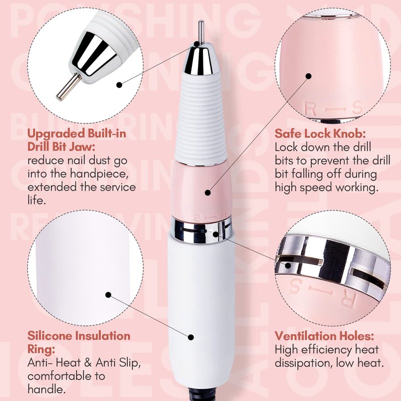 Makartt Nail Drill, Rechargeable Nail E File 30000RPM Electric Nail File, Malory Pink Portable Gel Nail Remover Machine with Nail Drill Bits & Sanding Bands for Manicure Salon Home Use