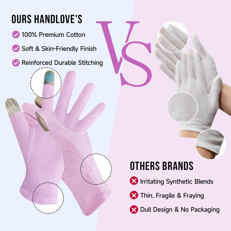 HandLove Premium 100% Cotton Gloves | Moisturizing Gloves for Dry Hands | Overnight Sleeping & Eczema | Touchscreen Friendly | Baby Pink, 2Pairs