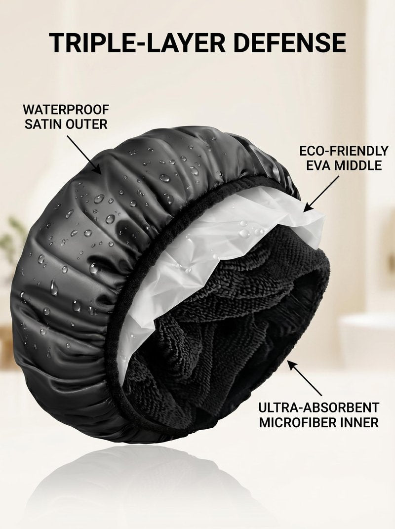 Aquior Shower Cap,Terry Lined Shower Cap for Women Reusable, Triple Layer Waterproof Bath Cap, Extra Large for Women Long Hair(Black)