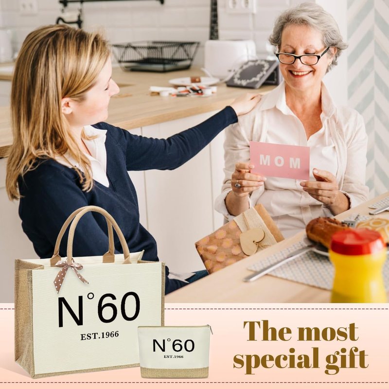 KongMoTree Vintage Jute Tote Bag - Reusable Birthday Gift for Women with Zipper Makeup Pouch
