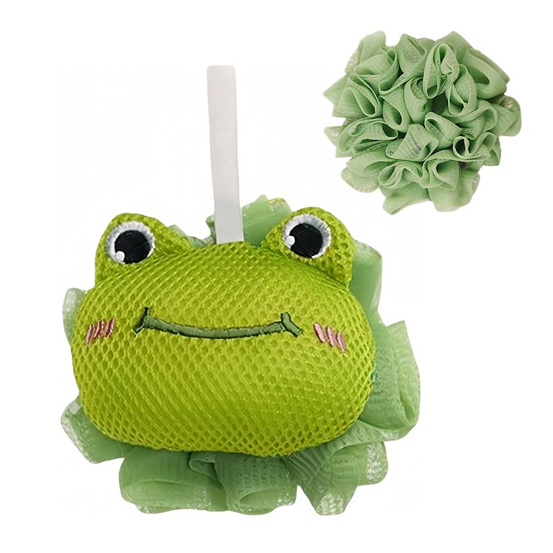 Kids Loofah, Cute Cartoon Animal Kids Bath Sponge with Hanging Rope, Soft Double Mesh for Rich Lather (Green Frog)