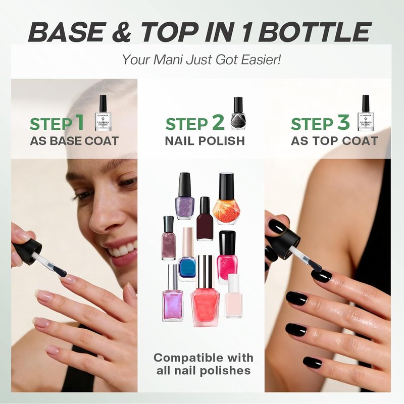 Glamonade Clear Base Top Coat Nail Polish - 2 in 1 Quick Dry, High Shine, Long Lasting | Color Protection & Smudge Resistance