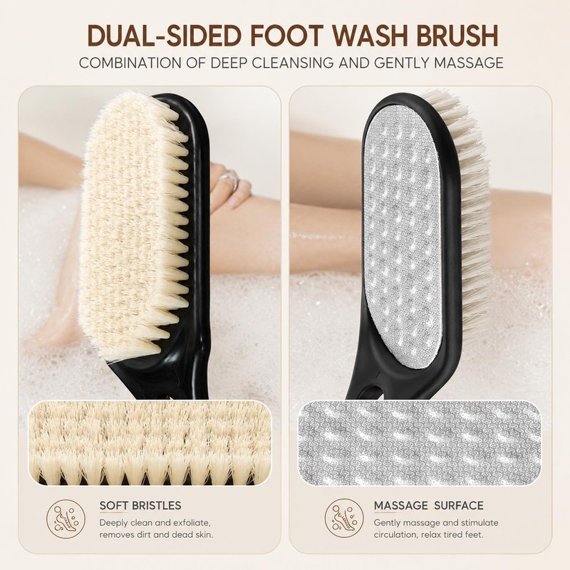 Long Handle Foot Scrubber for Shower, Extendable Foot Brush with Foot File 2 in 1 Dual Sided, Back Saving Foot Cleaner Brush for Cleaning Between Toes & Removing Calluses, Foot Care Tool for Seniors