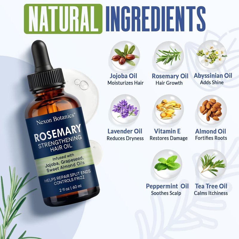 Nexon Botanics Rosemary Hair Oil - Lightweight Scalp Treatment for Hair Growth | 2 fl oz with Peppermint, Jojoba & Vitamin E