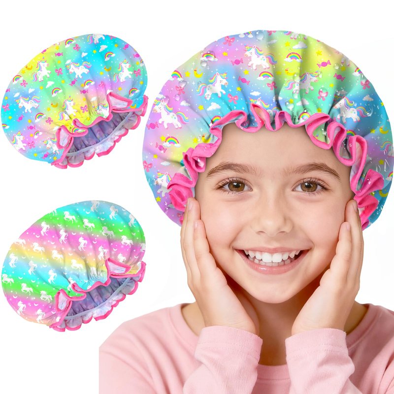 Shower Cap for Kids Reusable Waterproof, 2 Pack Unicorn Toddler Shower Cap for Girls, Cute Elastic Hair Cap for Shower