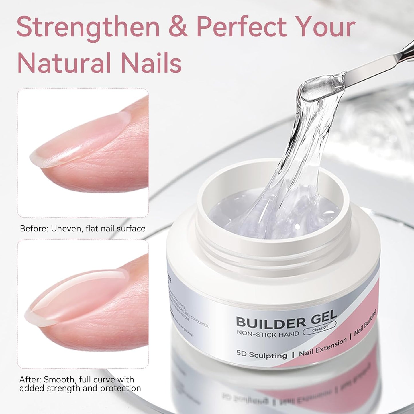 Solid Hard Builder Gel for Nails - 60g Professional 3D Sculpting & Extension Gel with Sequins & Chrome Powder | Non-Sticky Soak Off Formula