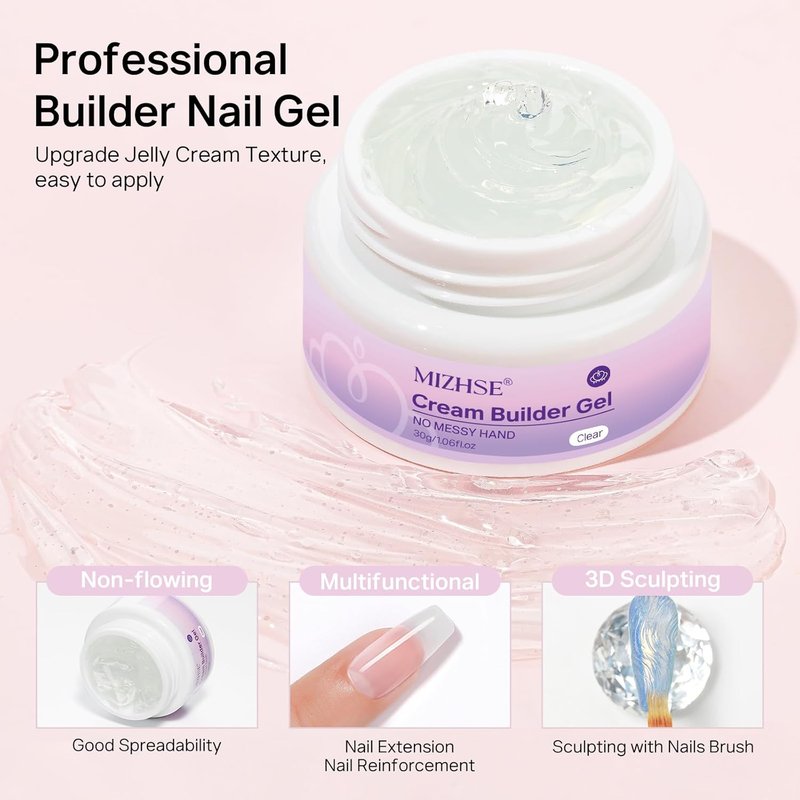 MIZHSE Nail Builder Gel - 30g Clear Hard Extension Strengthener for 3D Nail Art | DIY Sculpting Kit with Dual Forms & Brush