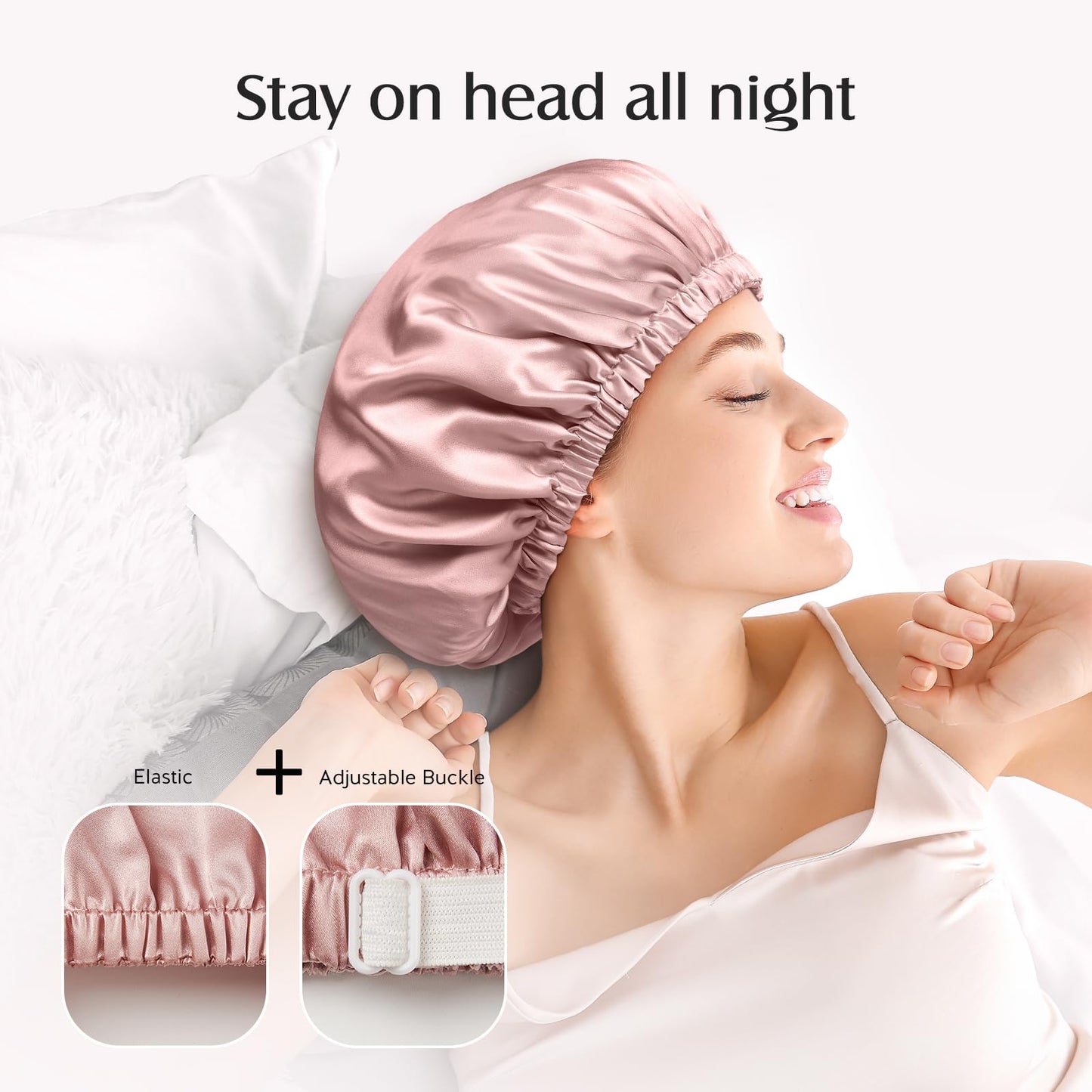 YFONG Double Layered 100% Silk Bonnet for Sleeping Women, 22 Momme Pure Mulberry Silk Sleep Cap with Adjustable Elastic Band Stay On Head，Reduce Frizz, Keep Hairstyle, Soft & Breathable, Pink, M