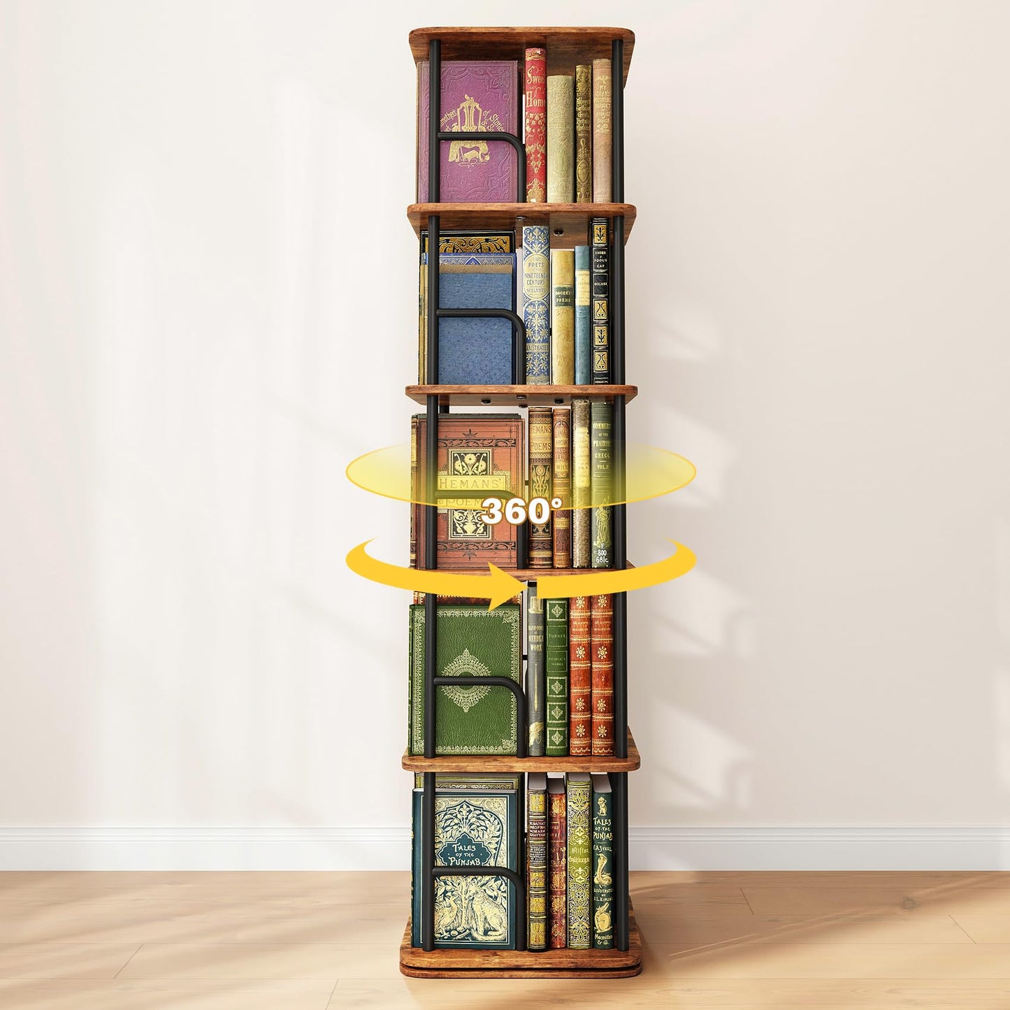 Branwick Rotating Bookshelf 5 Tier 360° Accessibility, Revolving Bookcase Spinning Bookshelf Tower, Wood Narrow Space Saving Book Shelf Organizer for Bedroom, Living Room, Study Room