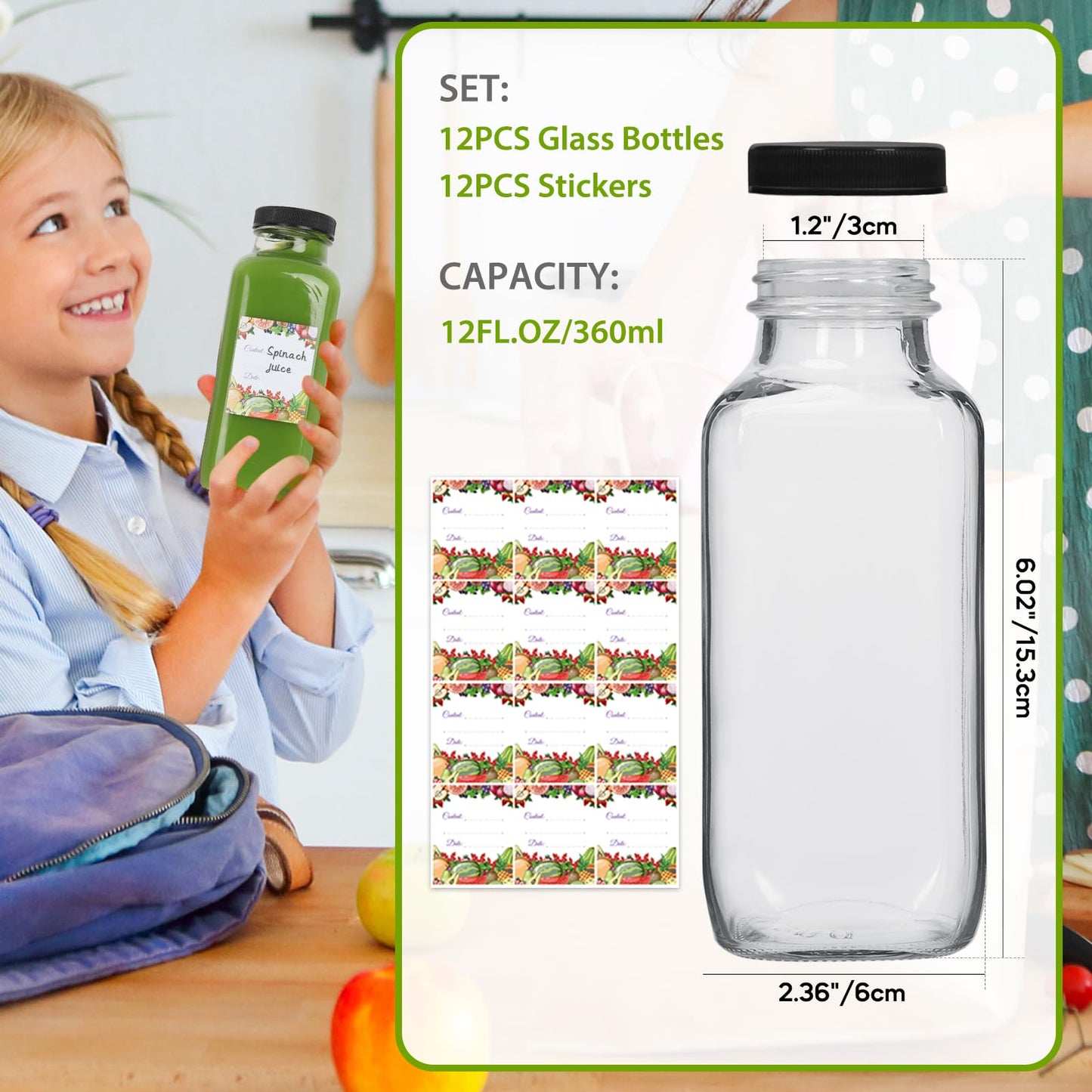 Alotpower 12 oz Glass Juice Bottles with Lids 12Pack, 360ml Square Reusable Drinking Bottles for Juicing, Water, Kombucha Juices, Milk, Beverages and More (12fl.oz, Set of 12)