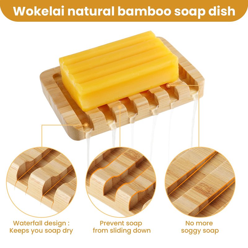 Shampoo Bar Holder Bamboo Soap Dish for Shower Wood Soap Dishes Wooden Soap Saver Tray Stand Self Draining Travel Soap Container Case for Bathroom Kitchen Bath Tub Razor Sponges, Waterfall Drain 2 PCS