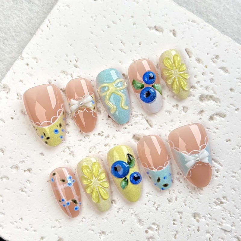 30Pcs Summer Press on Nails Medium Almond Fake Nails 3D Cute Blueberry Lemon Press Ons Glossy Design Stick on Nails French Tip False Nails Reusable Holiday Fruit Glue on Nails for Women Acrylic DIY