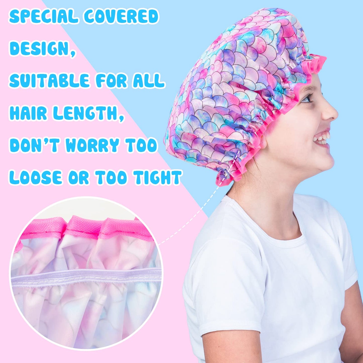 3 Pcs Kids Girls Toddler Shower Cap - Reusable Plastic Rainbow Unicorn Mermaid Hair Cap, Waterproof Adjustable Cute Head Cap for Children and Women
