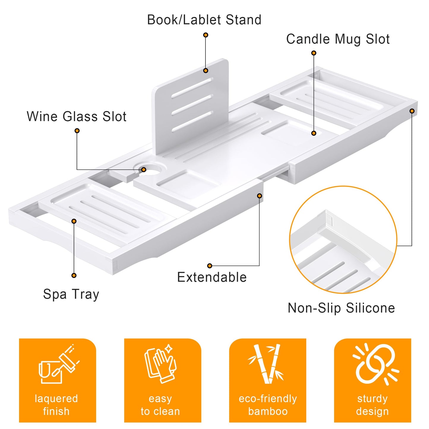 Bathtub Tray Caddy,Premium Bamboo Expandable Bath Tub Trays Table, Foldable Bathroom Accessories,Great House Warming, Anniversary and Birthday Gifts,White