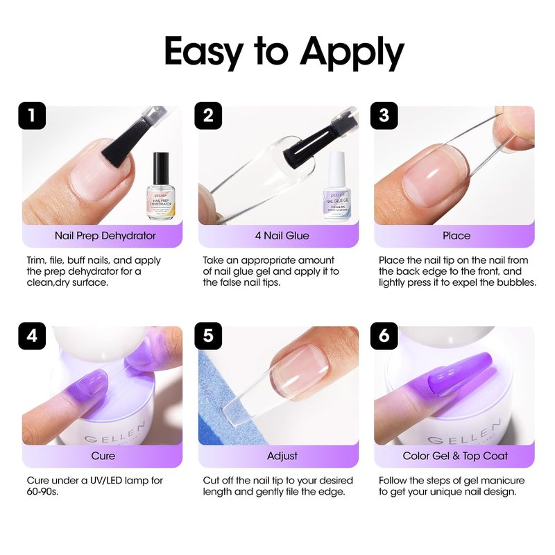 Gellen Gel Nail Glue - Strong Adhesive for False Nail Tips | 15ml Acid-Free Dehydrator & Clear Press-On Nails