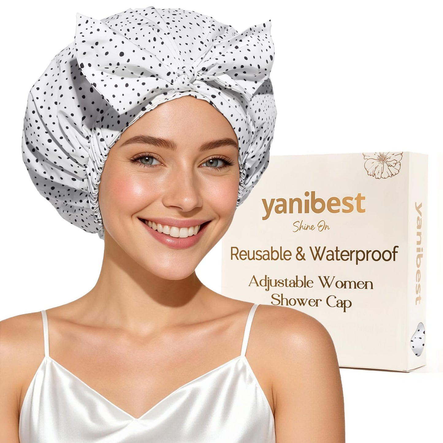 Yanibest Shower Cap for Women Reusable Waterproof, Adjustable Non-Slip Shower Hair Cap, Washable Bath Hat for Long Hair