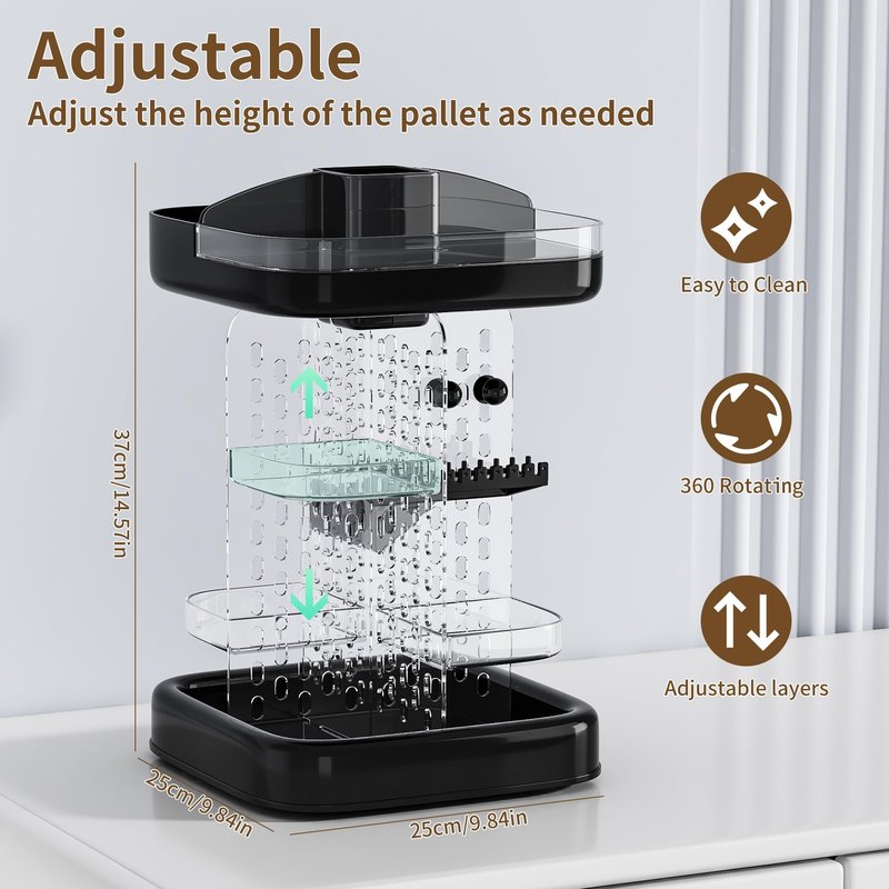 360 Rotating Make up Organizer for Vanity & Countertop, Clear Adjustable Height Tiered Cosmetic and Skincare Storage, Spinning Perfume and Makeup Holder, Jewelry Accessories Desktop Organizer, Black