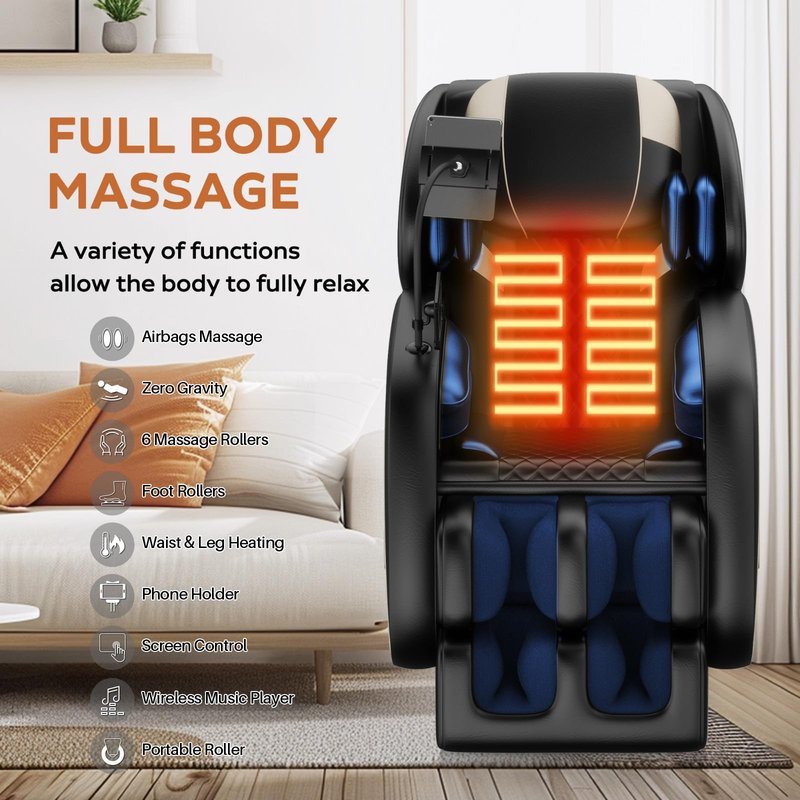 ficsmate Massage Chair Full Body, Zero Gravity Recliner Massage Chair with Back Heat, 6 Fixed Rollers, Foot Massage, Airbags, Bluetooth, Ambient Light for Home and Office