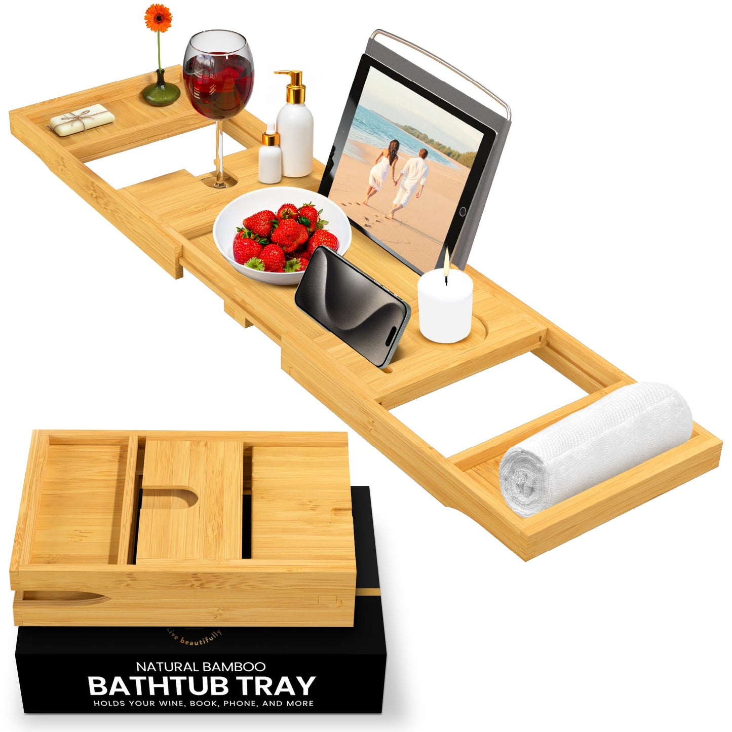 Bathtub Tray for Tub - Natural Bamboo Bath Tray, Expandable Wooden Bath Caddy Tray with Wine Holder, Book and Tablet Stand, Bathroom Accessories, Tub Table, Bridal Shower Gifts for Women