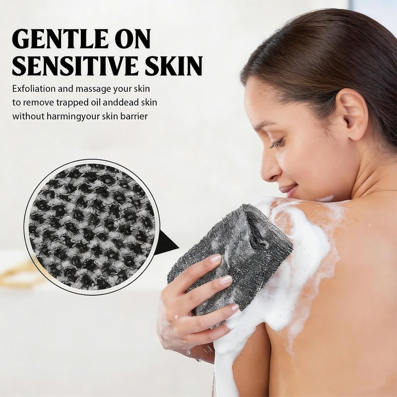 Blissal Exfoliating Shower Towel, 2 Pack Black and Pink - Long Japanese Korean Style Dead Skin Remover, Back Scrubber Washcloth for Men Women, Quick Dry Travel Essential for Smooth Skin