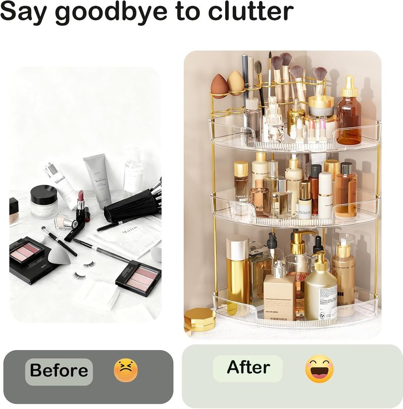 FELIZHOUSE 3-Tier Makeup Organizer - Acrylic Vanity Storage with Perfume Tray & Brush Holder | Clear Design
