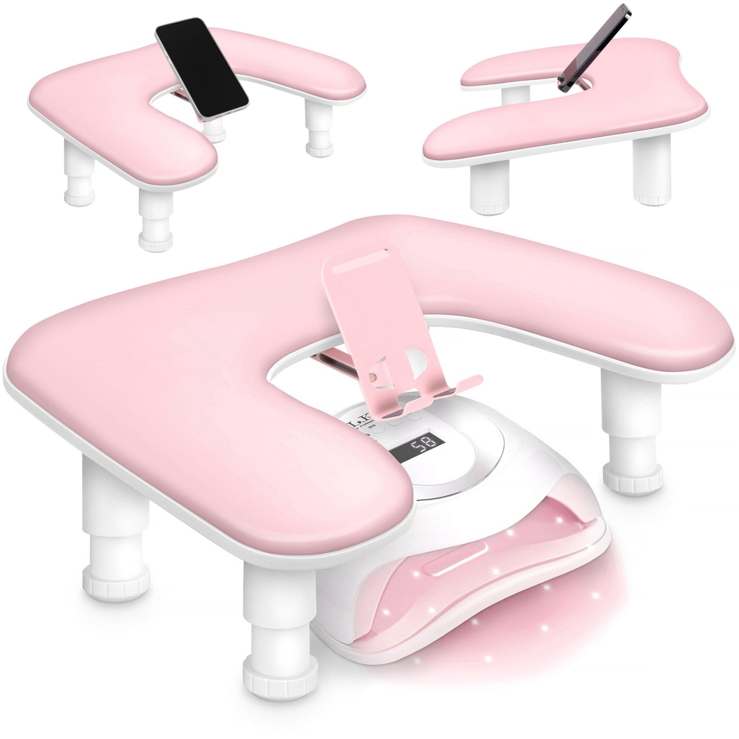 U Shaped Arm Rest for Nails Tech with Rotating Phone Holder - Adjustable Nail Arm Rest with Phone Holder - Detachable Manicure Hand Pillow for Salon or Home Use (Pink)