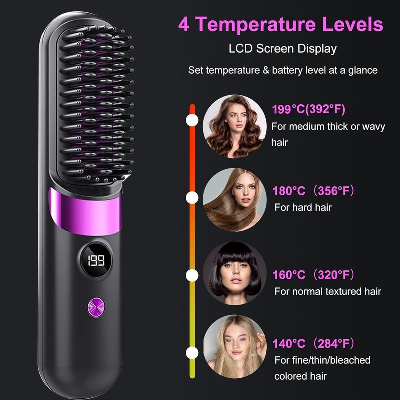 Go Brush Pro Cordless Hair Straightener Brush - Portable Rechargeable Ceramic Styling Brush with 4 Adjustable Heat Modes & LED Display, Perfect for Travel & Everyday Use (Black)