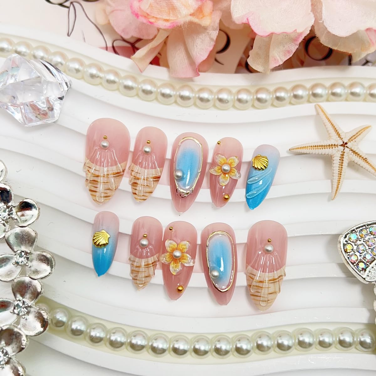 Skiennix Summer Beach Press-On Nails | Long Almond French Tips with 3D Flower & Gold Shell Design | Blue Gradient, 24 Pcs
