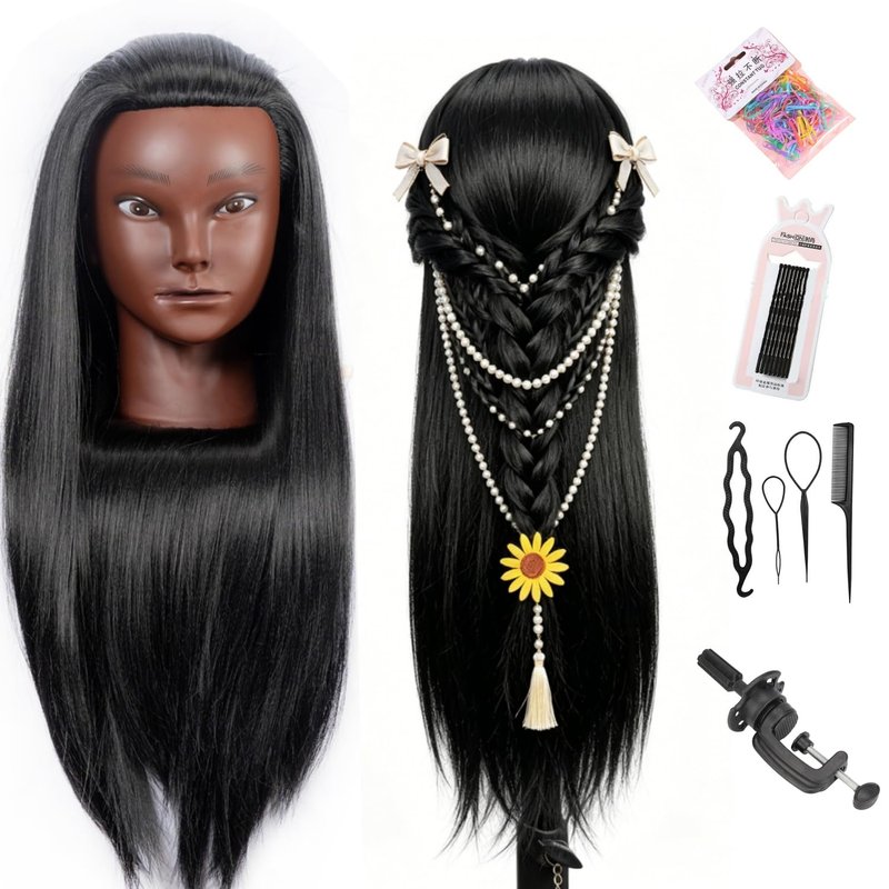 LJSMJF Mannequin Head with Hair, Doll Head for Hair Styling Training Head Manikin Practice Cosmetology Doll Head Styling Hairdressing Training Braiding Heads with Clamp Holder (black)