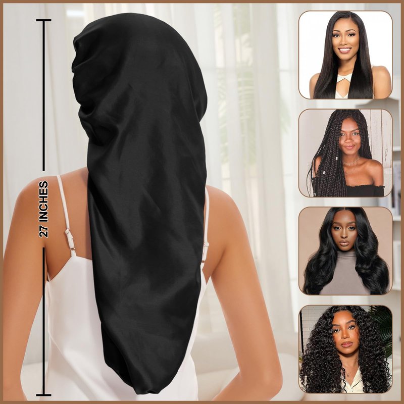 DEMAZALO Long Bonnet for Braids & Curly Hair, Silk Satin Bonnet for Sleeping, Extra Large Bonnets for Women Braid (Black Pink)