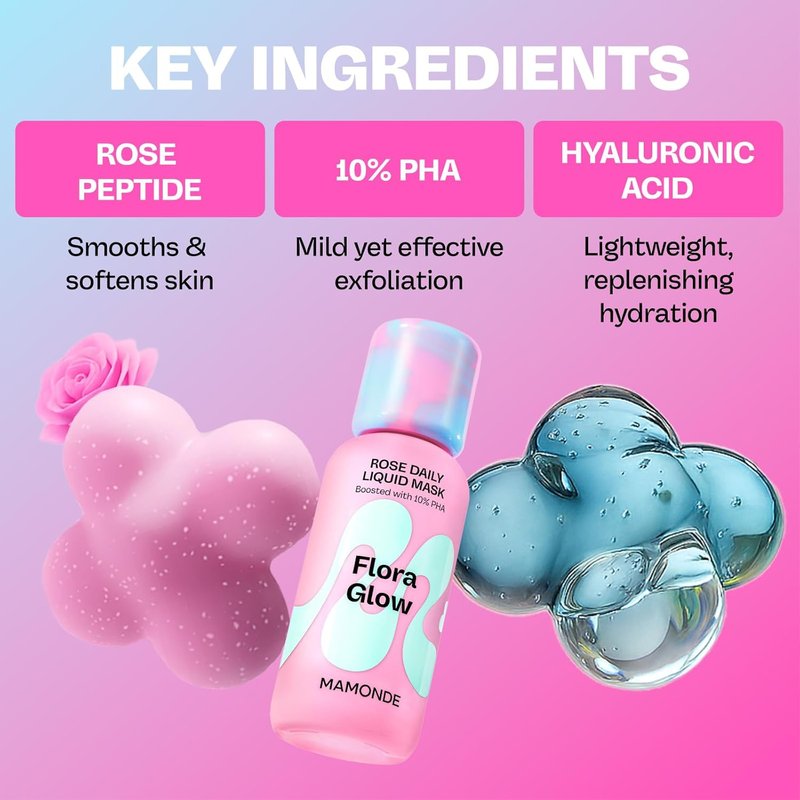Flora Glow Rose Daily Liquid Mask - Hydrating & Exfoliating Korean Leave-On Face Mask with Hyaluronic Acid & Peptides | All Skin Types