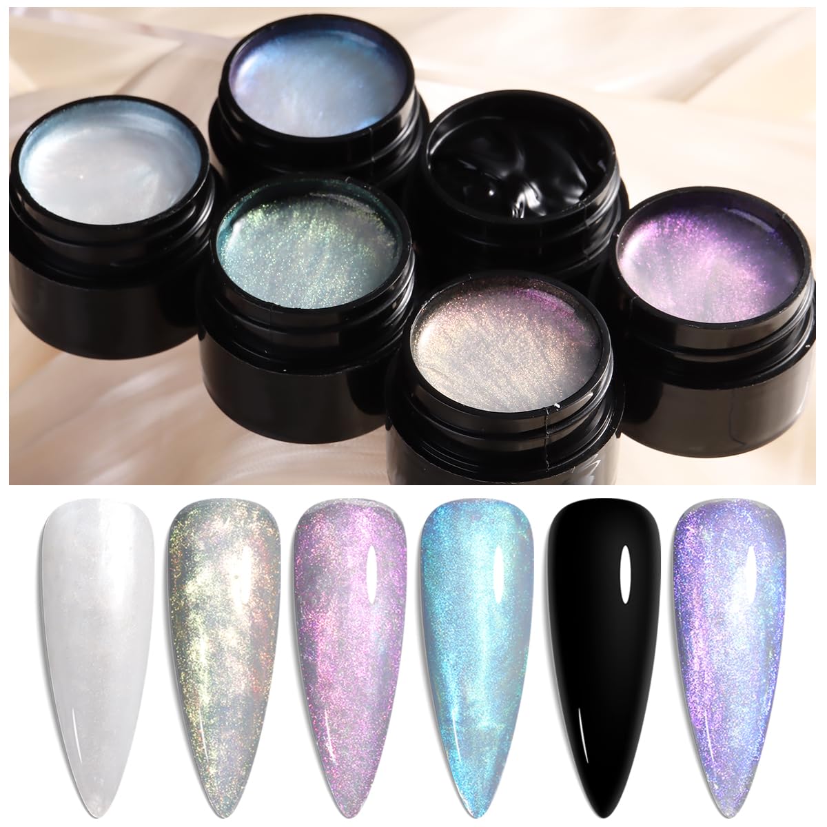 Solid Builder Gel Kit - 6 Non-Sticky Colors for 3D Nail Art | Aurora Blue, Pink, Pearl, White
